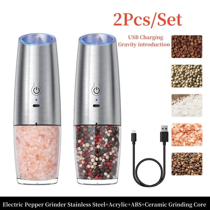 Gravity Induction Electric Salt and Pepper Grinder Set with USB Charging - Professional Spice Shakers and Seasoning Bottles for Kitchen Use