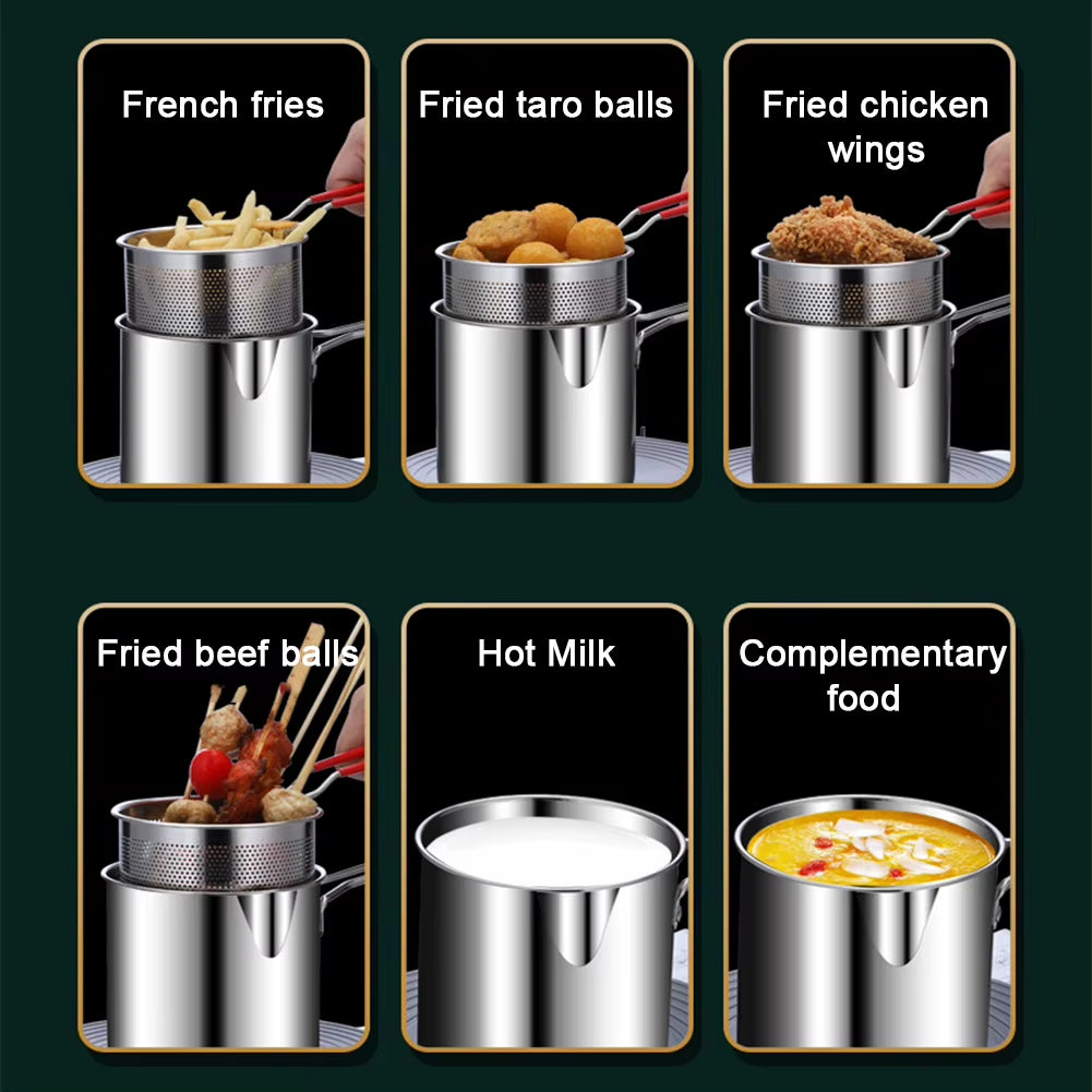 304 Stainless Steel Deep Frying Pot with Strainer - Professional Tempura Fryer Pan for French Fries and Chicken Cooking Tools