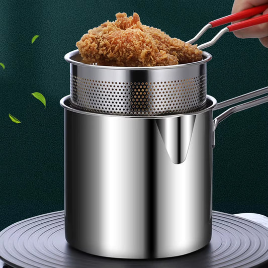 304 Stainless Steel Deep Frying Pot with Strainer - Professional Tempura Fryer Pan for French Fries and Chicken Cooking Tools