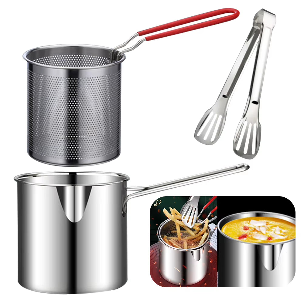 304 Stainless Steel Deep Frying Pot with Strainer - Professional Tempura Fryer Pan for French Fries and Chicken Cooking Tools