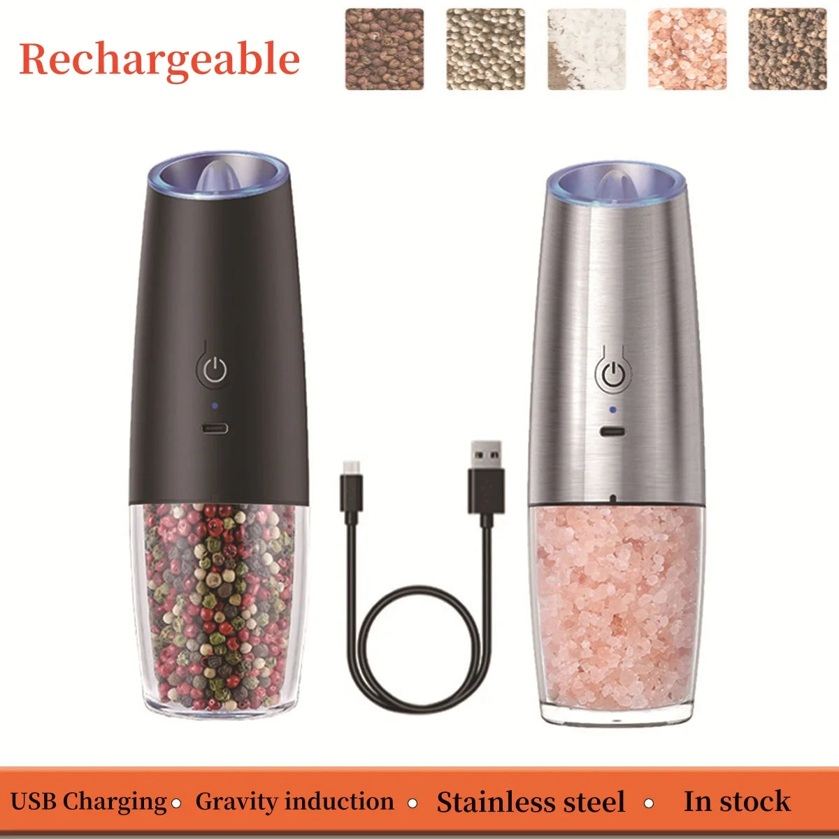Gravity Induction Electric Salt and Pepper Grinder Set with USB Charging - Professional Spice Shakers and Seasoning Bottles for Kitchen Use