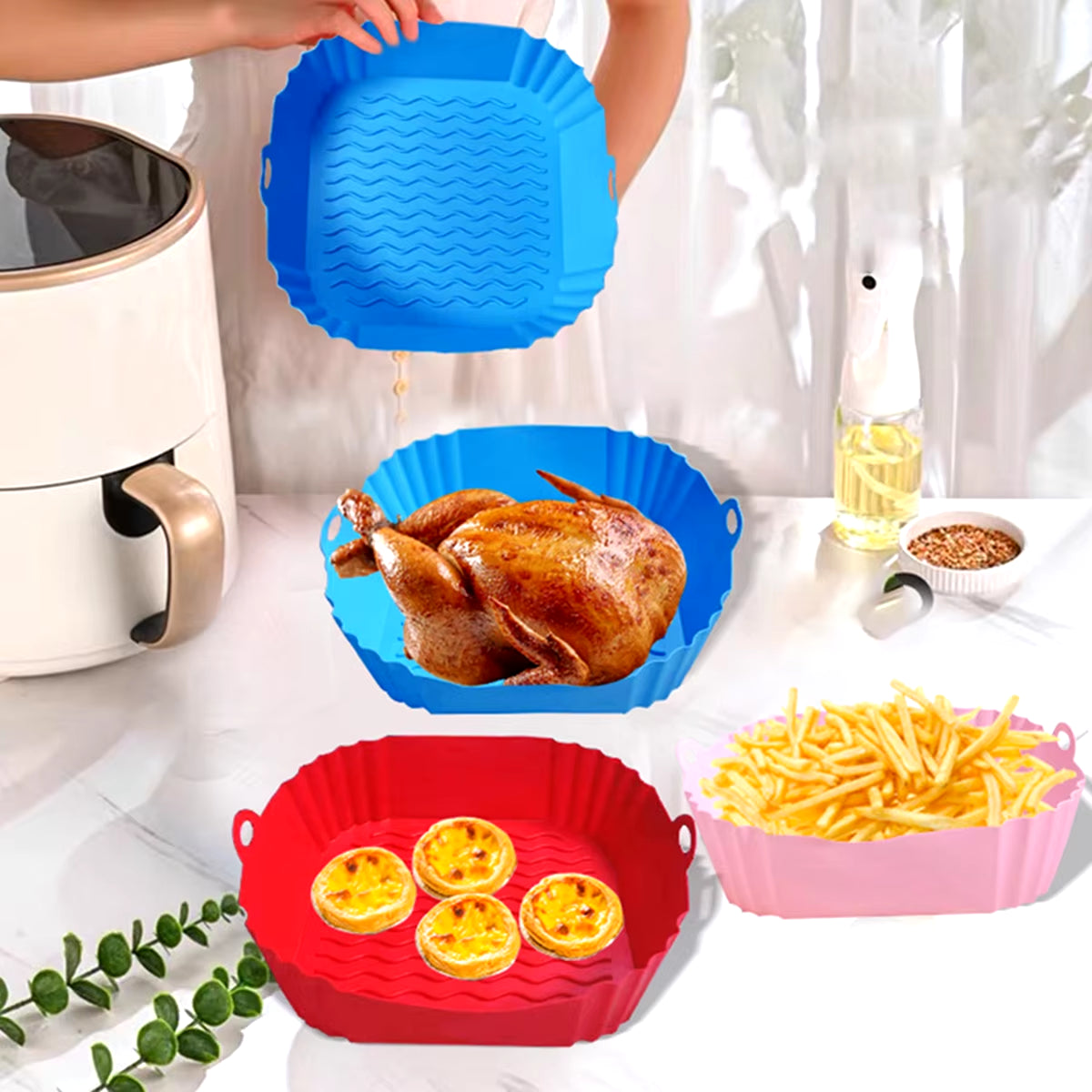 Square Silicone Air Fryer Inserts and Liners - Reusable Accessories for Air Fryers, Ovens, and Microwaves