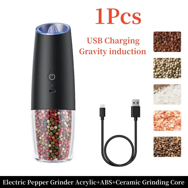 Gravity Induction Electric Salt and Pepper Grinder Set with USB Charging - Professional Spice Shakers and Seasoning Bottles for Kitchen Use
