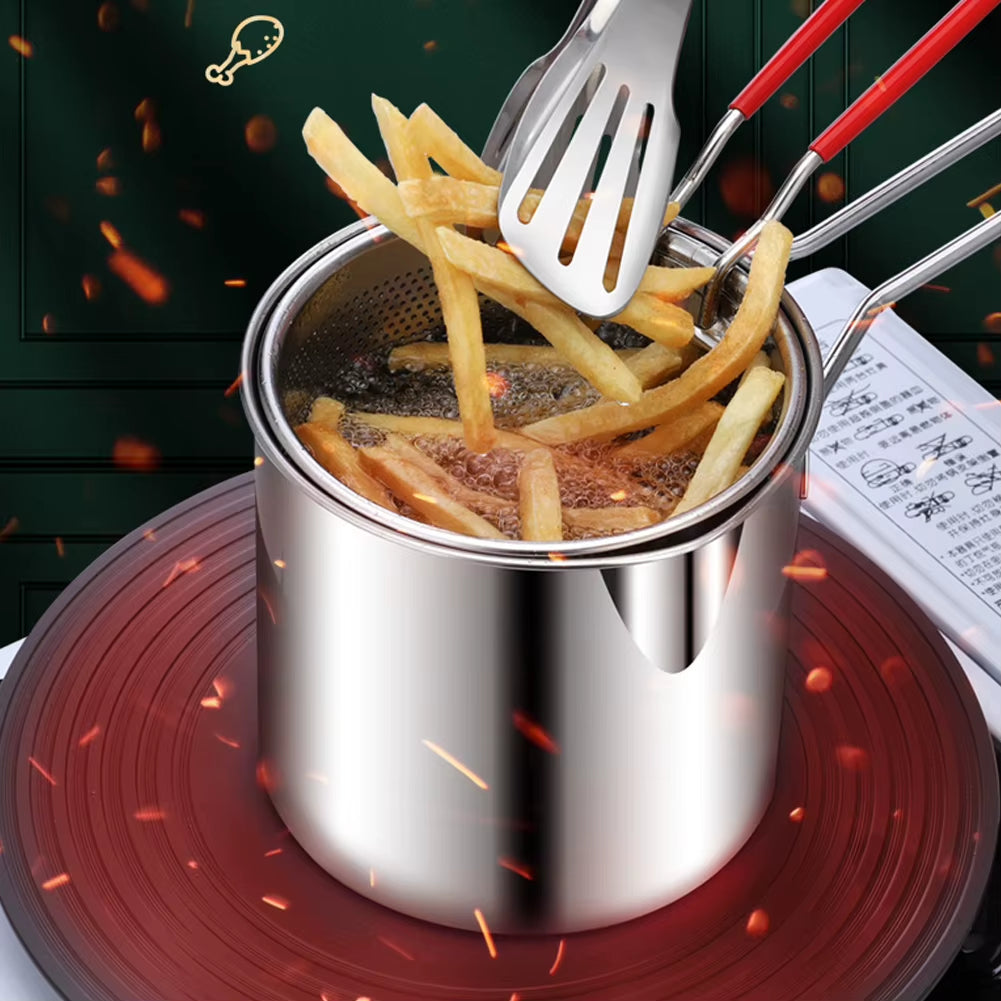 304 Stainless Steel Deep Frying Pot with Strainer - Professional Tempura Fryer Pan for French Fries and Chicken Cooking Tools