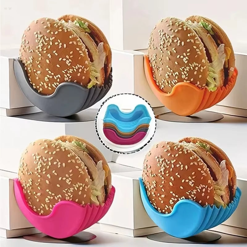 Set of 4 Retractable Hamburger Holders - Washable Silicone Burger Clip Rack for Sandwiches and French Fry Sauces