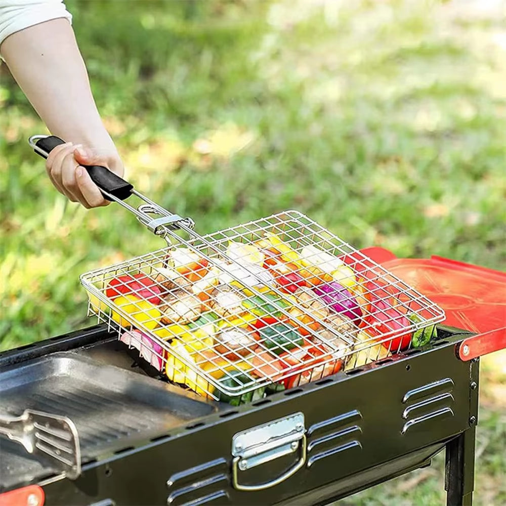Grill Basket Stainless Steel Folding Grilling Baskets Outdoor Camping BBQ Rack Vegetable Steak Tool for Picnic Party Barbecue
