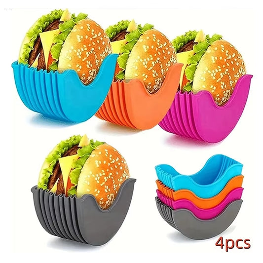 Set of 4 Retractable Hamburger Holders - Washable Silicone Burger Clip Rack for Sandwiches and French Fry Sauces