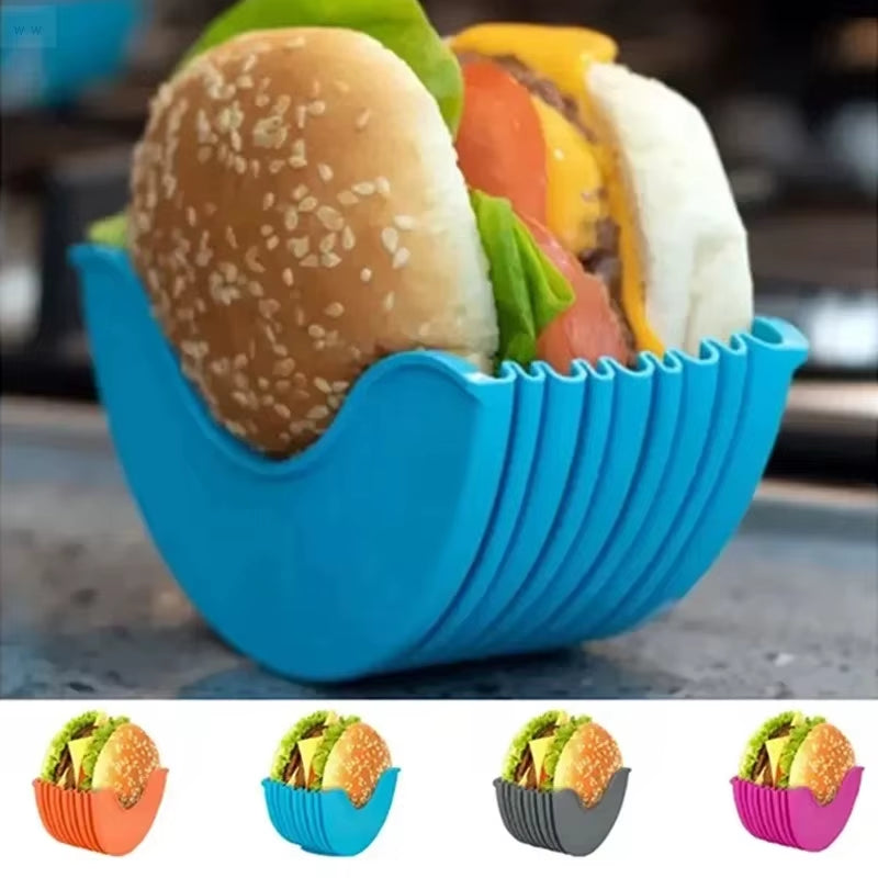 Set of 4 Retractable Hamburger Holders - Washable Silicone Burger Clip Rack for Sandwiches and French Fry Sauces