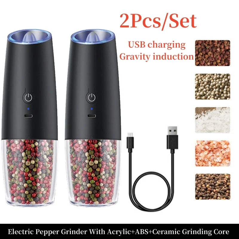 Gravity Induction Electric Salt and Pepper Grinder Set with USB Charging - Professional Spice Shakers and Seasoning Bottles for Kitchen Use