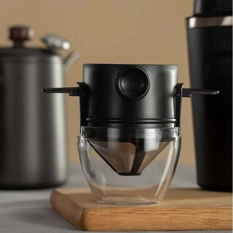 Stainless Steel Portable Hand-Brewed Coffee Filter Cup with Drip-Free Design and Bottom Tray