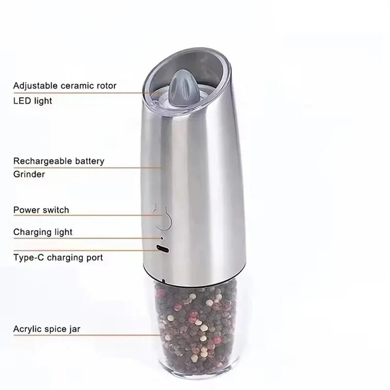Gravity Induction Electric Salt and Pepper Grinder Set with USB Charging - Professional Spice Shakers and Seasoning Bottles for Kitchen Use